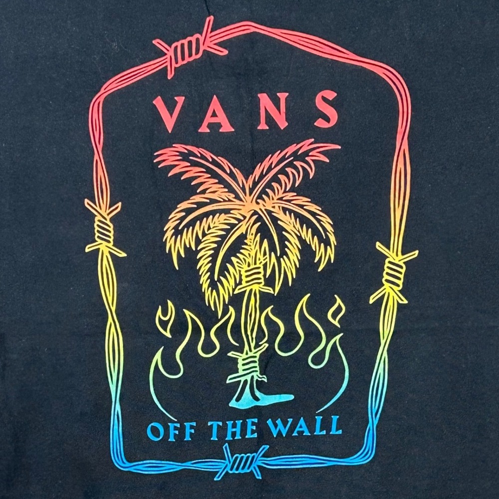 Vans Off The Wall Palm Tree Barbed Wire Graphic T-Shirt Medium Slim Fit Black